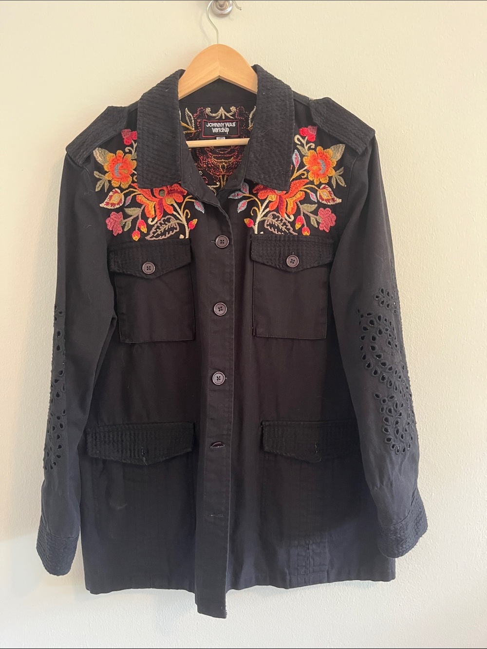 Johnny Was Black Utility Jacket with Orange & Pink Floral Embroidery